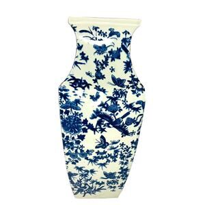 Blue And White Ceramic Vase Large Floral Butterfly Bird Square Tall Chinese